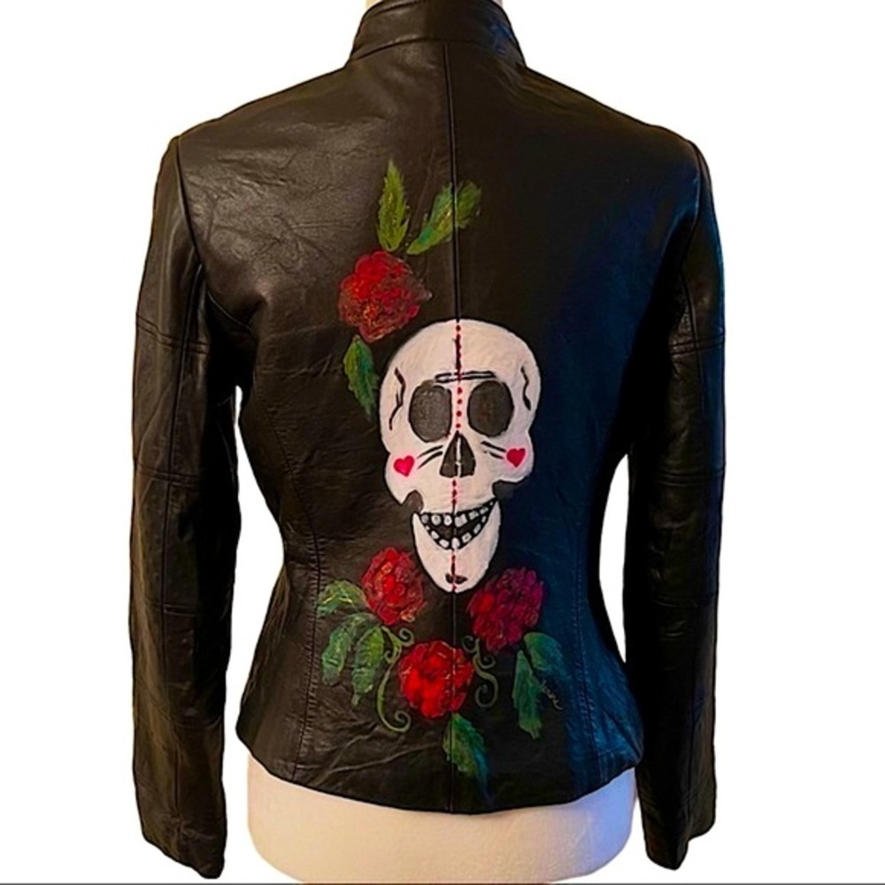 Hand painted black leather jacket skull & red roses small OOAK